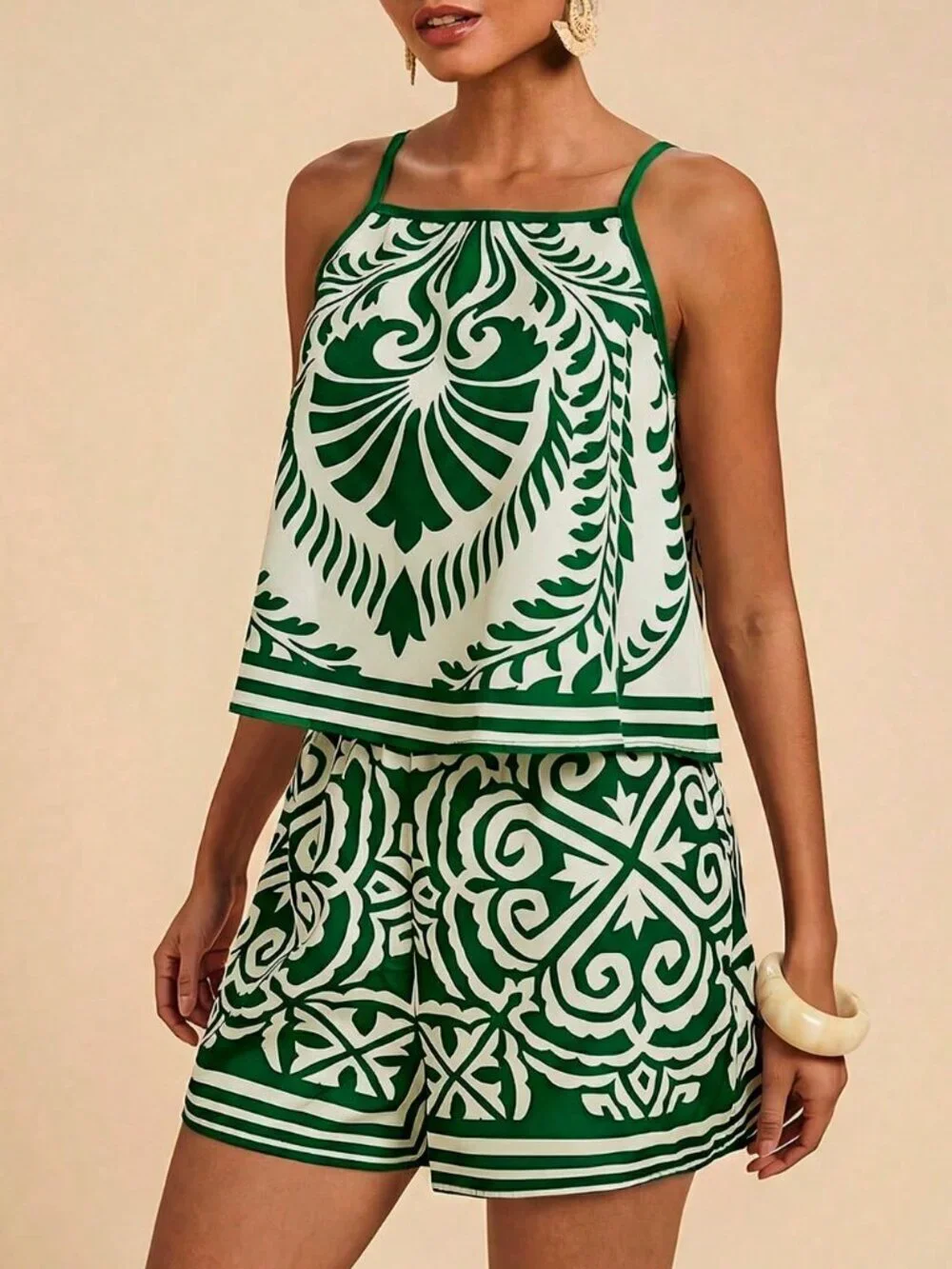 Green Boho Women's All-Over Print Vacation Camisole and Shorts Set